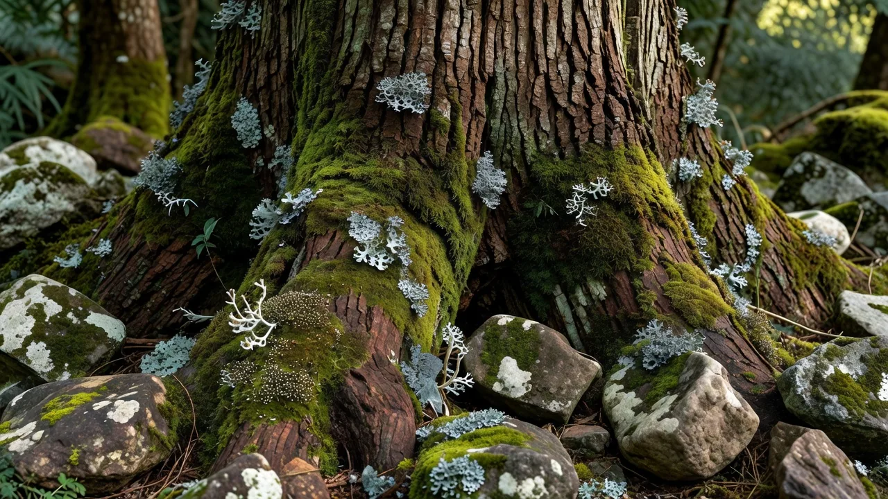 苔と杉の質感 — 杉の樹皮を覆う苔のビロードのような表面